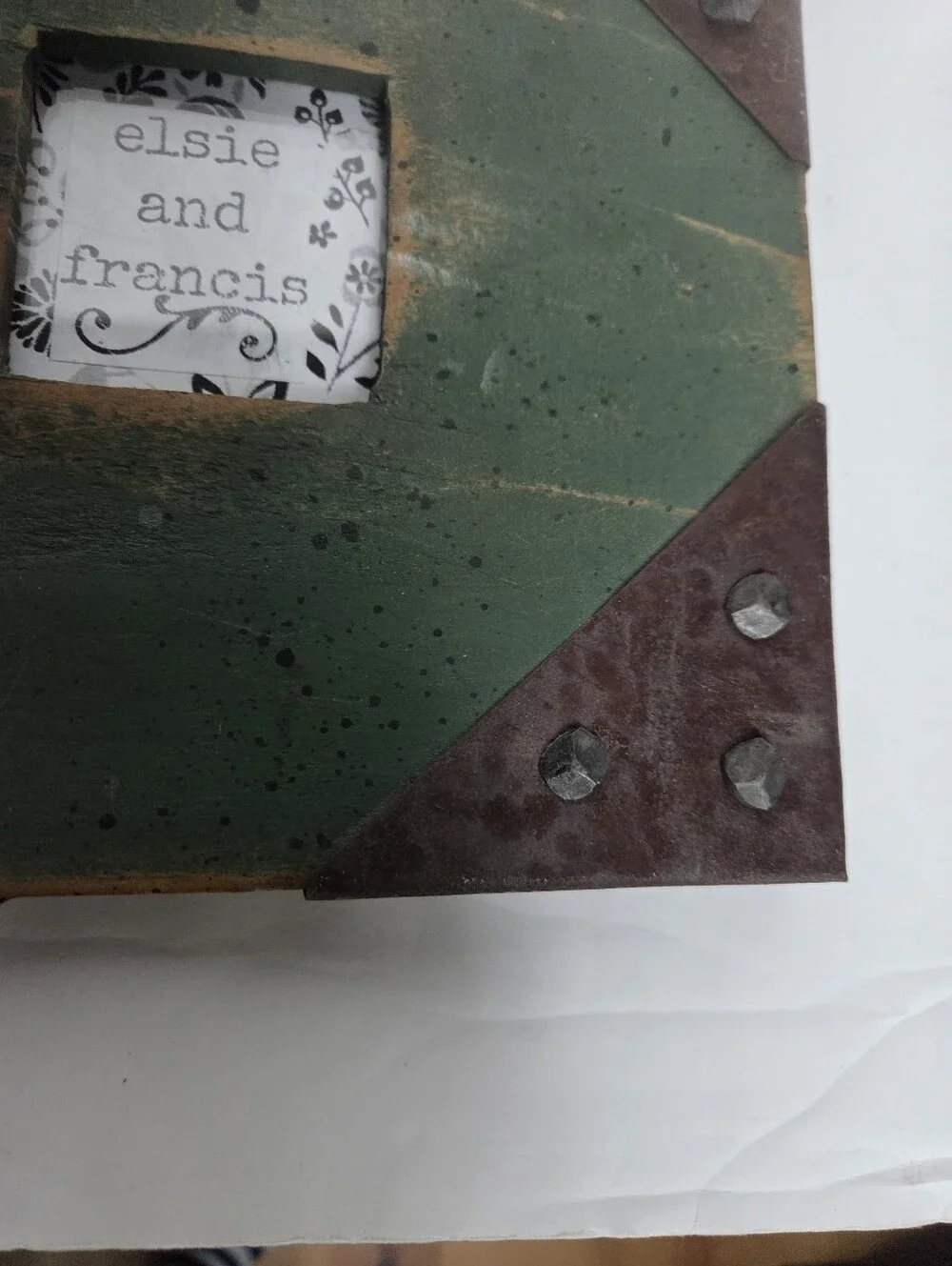 Vintage Rustic Painted Green Distressed Wood Picture Frame with Metal Accents